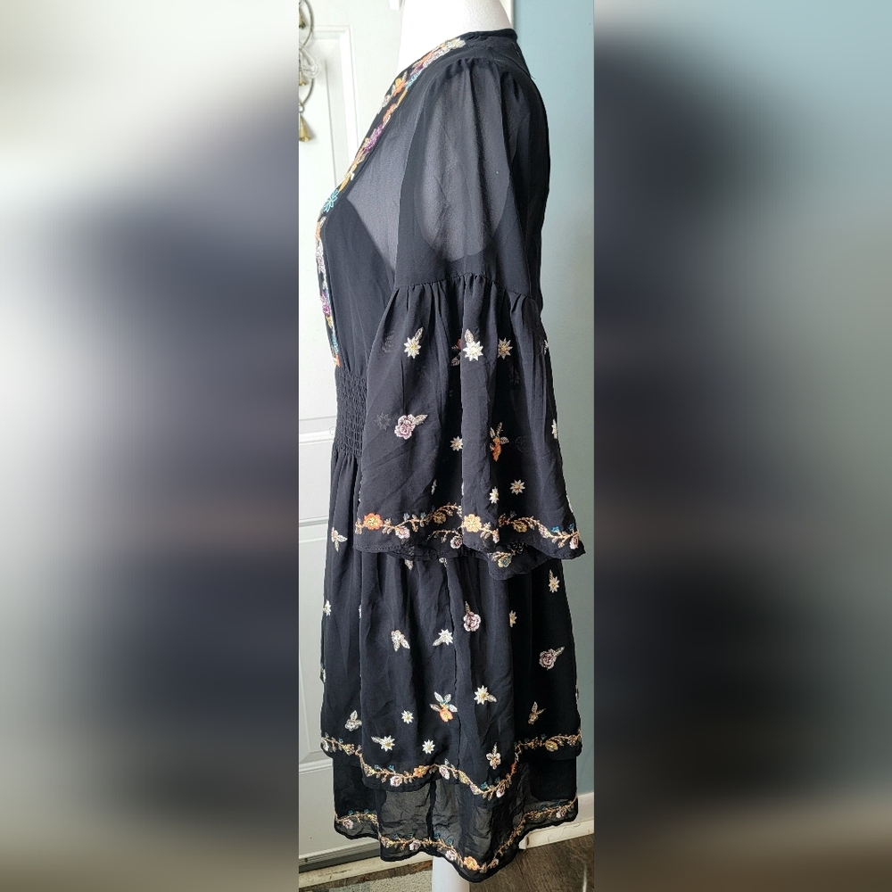 Anthropologie Maeve Anfisa Floral Embroidered Chiffon Mini Dress Womens 2 Black - Picture 3 of 16
